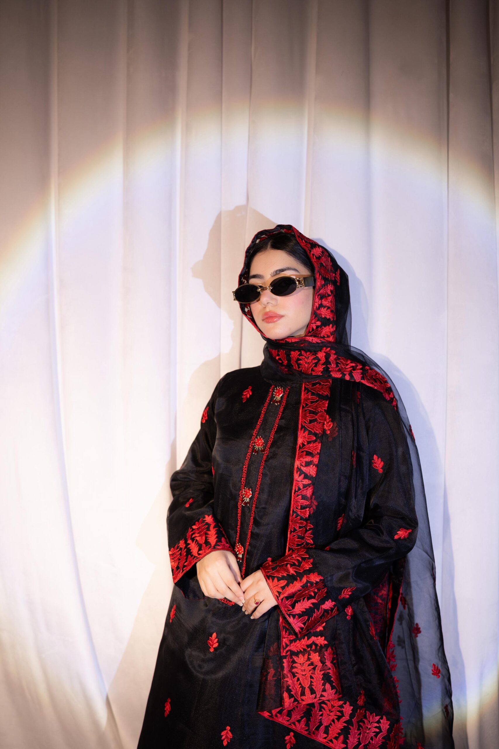 Black Raw Silk Shalwar Kameez with Red Embroidery