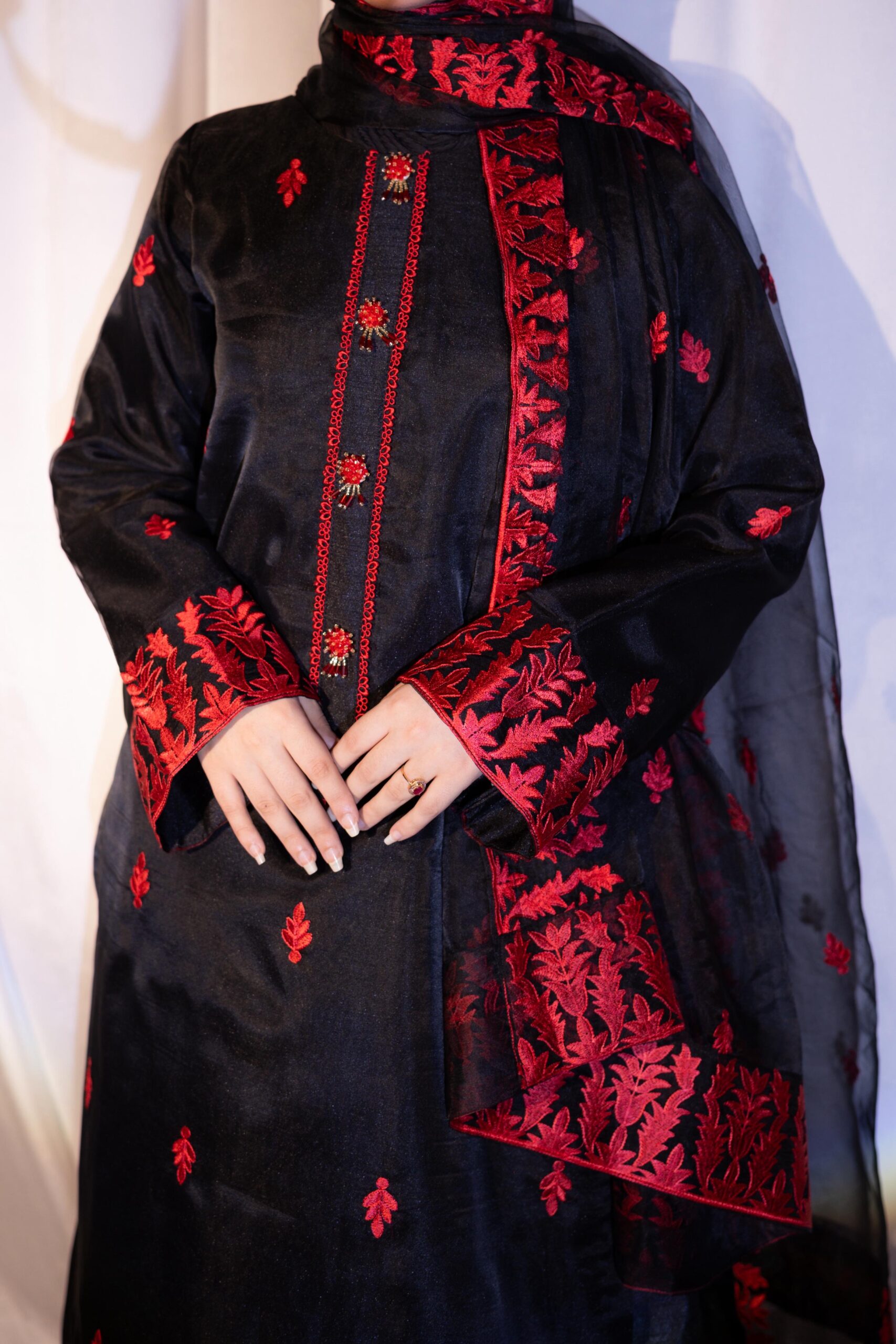 Black Raw Silk Shalwar Kameez with Red Embroidery - Image 2
