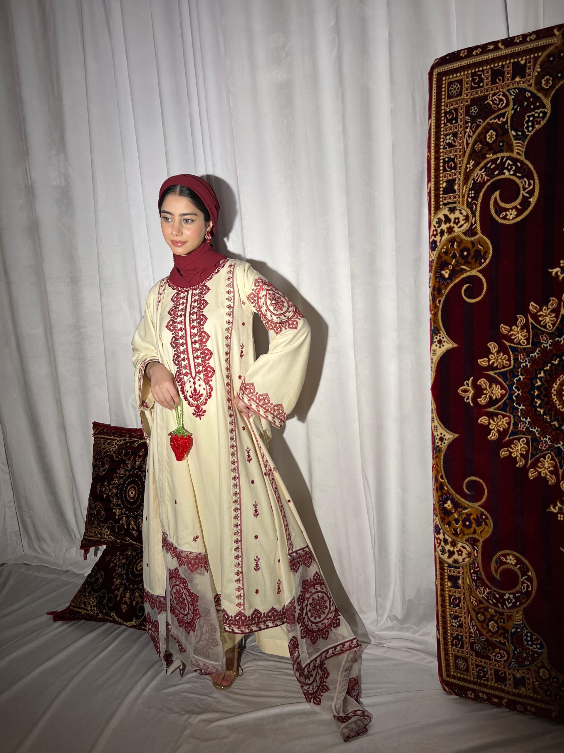 Skin Danak Shalwar Kameez with Red Embroidery - Image 2