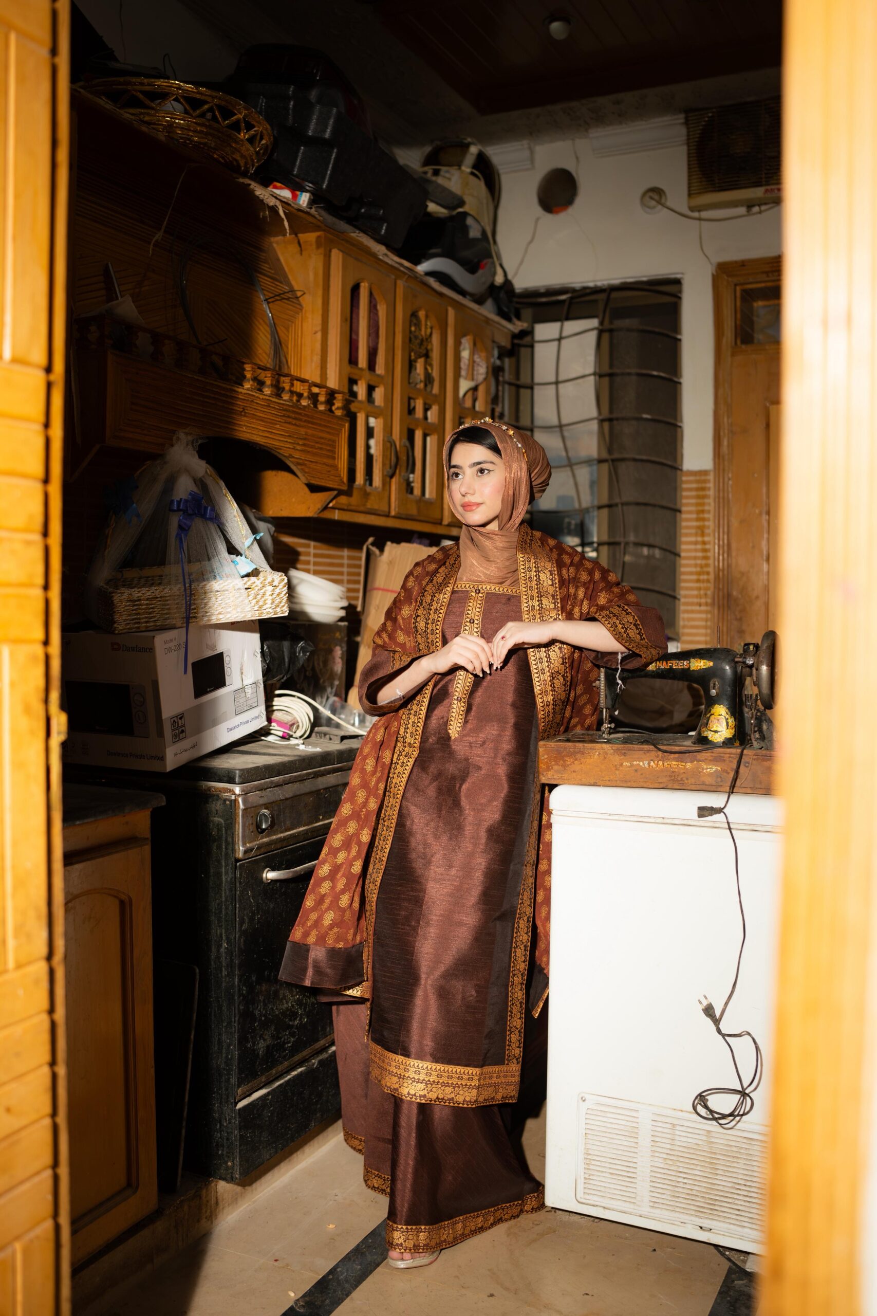 Brown Raw Silk Sharara Dress